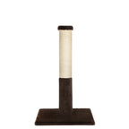 Cat scratching post with brown base and beige top on a white background