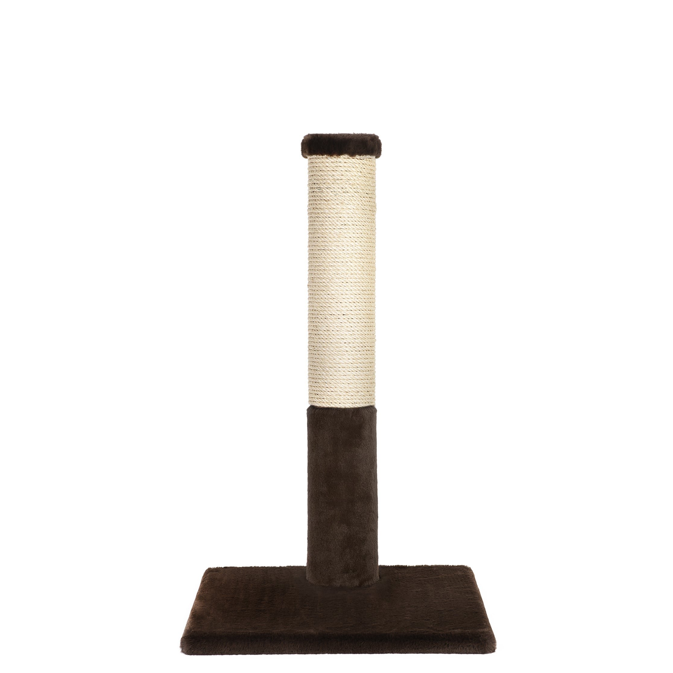 Cat scratching post with brown base and beige top on a white background