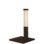 Cat scratching post with brown base and beige center on a white background