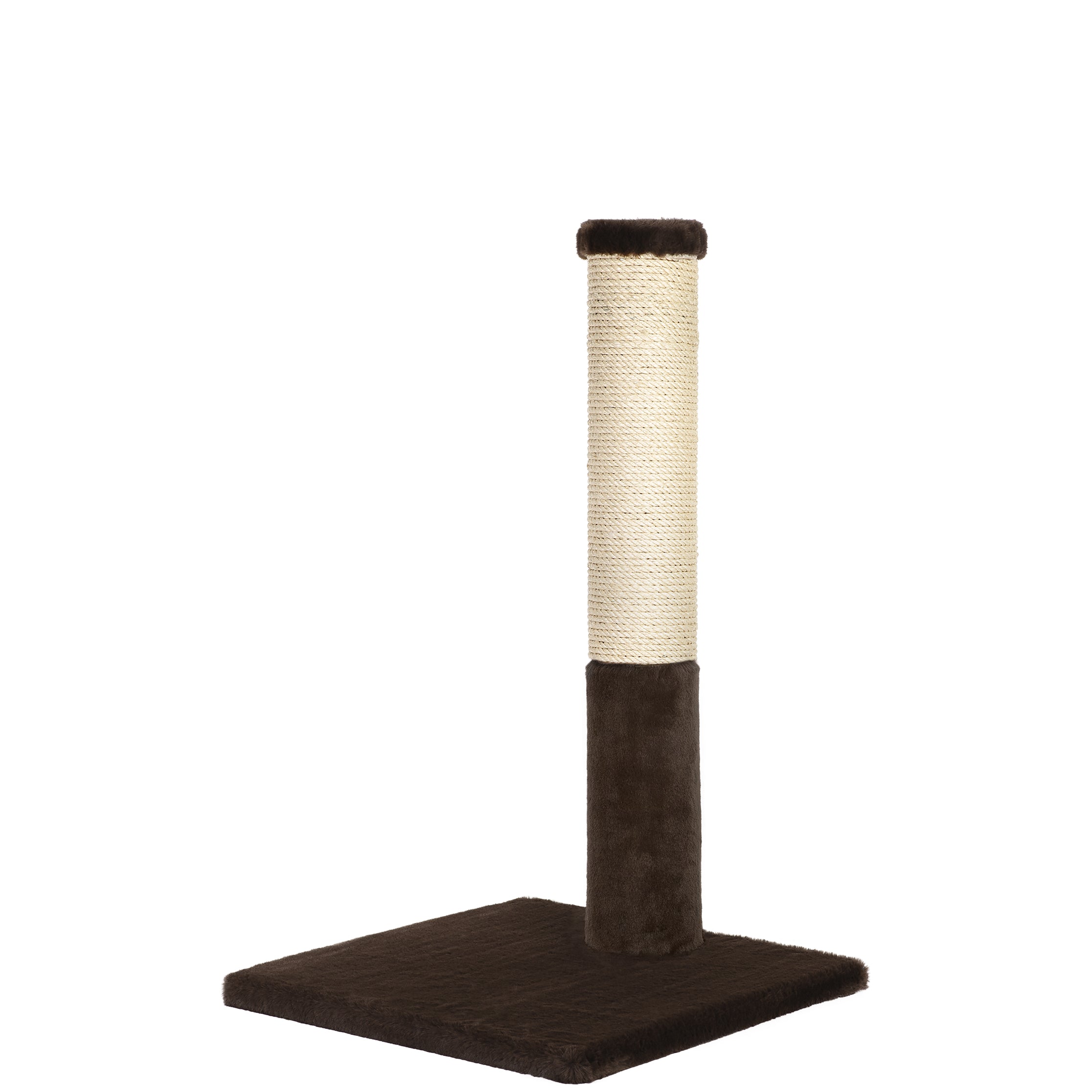 Cat scratching post with brown base and beige center on a white background