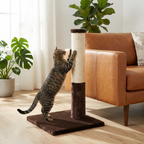 Cat climbing a scratching post in a living room with a couch and plants.