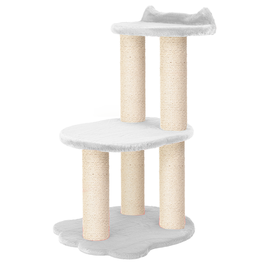 Cat tree with multiple levels and sisal-covered posts on a white background