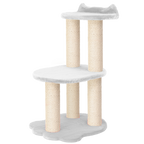 Cat tree with multiple levels and sisal-covered posts on a white background