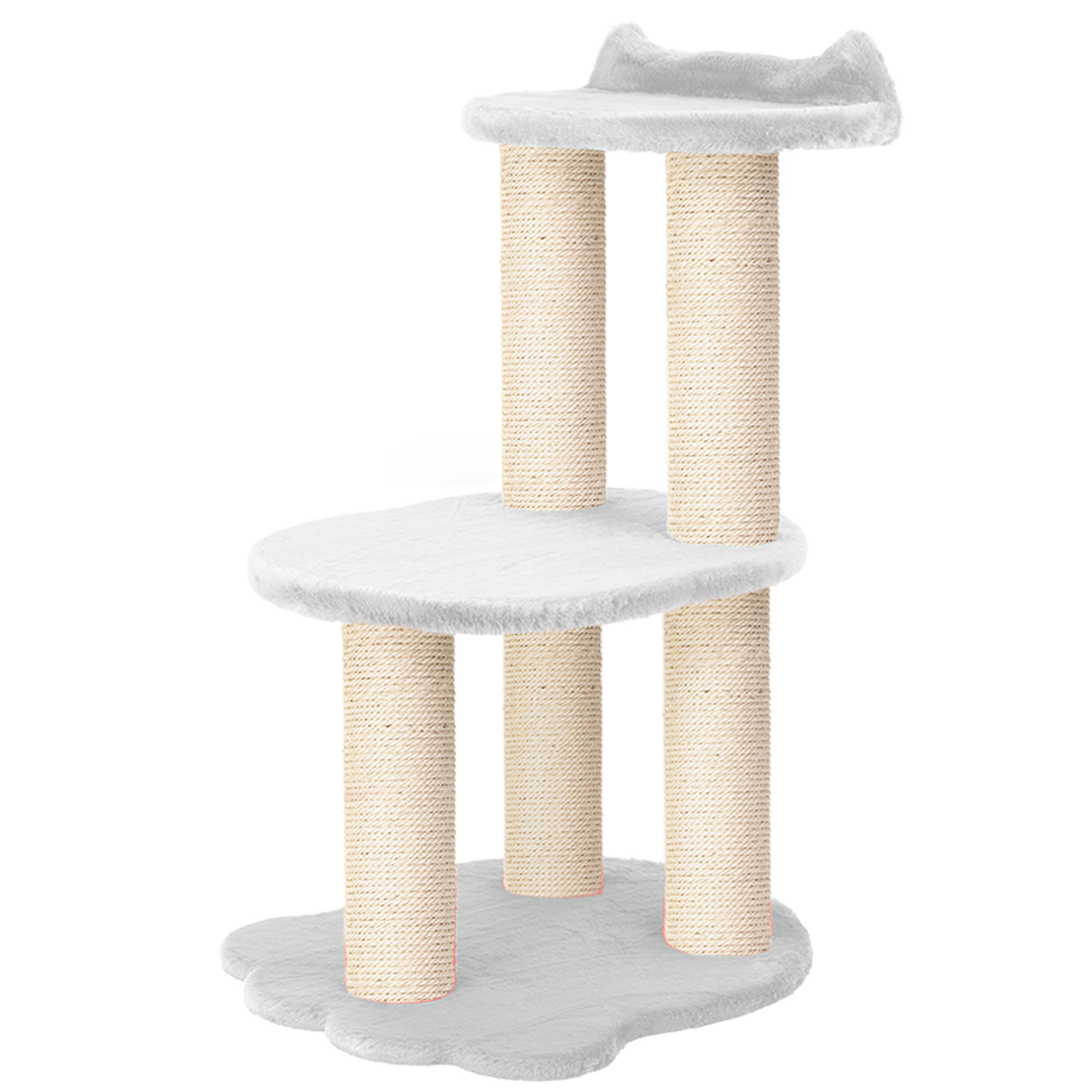 Cat tree with multiple levels and sisal-covered posts on a white background