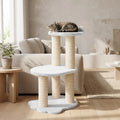 Cat sitting on a multi-level cat tree in a living room.