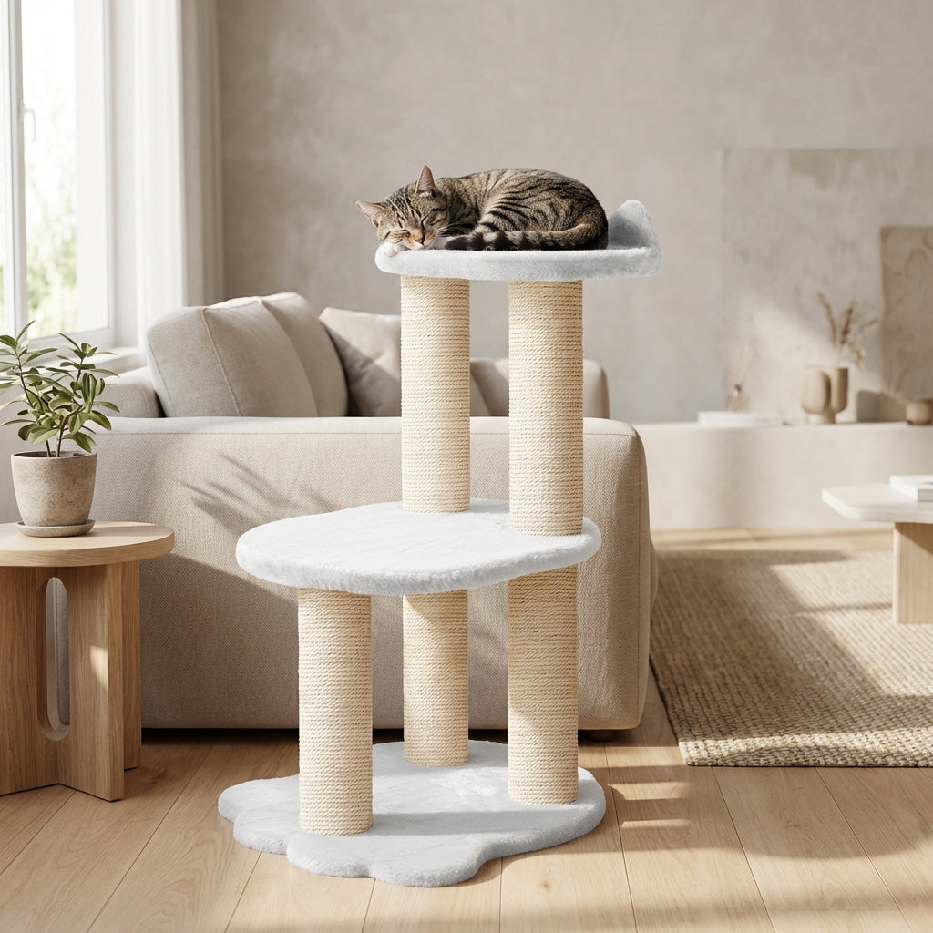 Cat sitting on a multi-level cat tree in a living room.