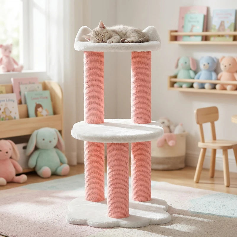 Cat tree with a cat on top in a room with toys and books