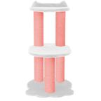 Cat tree with pink cylindrical sides and white platforms on a white background