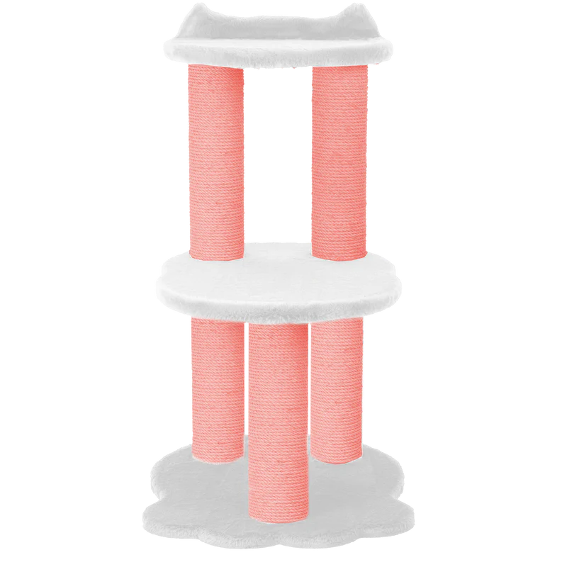Cat tree with pink cylindrical sides and white platforms on a white background