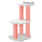 Cat tree with pink cylindrical scratchers and white platforms on a white background