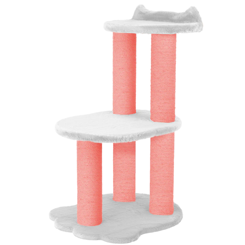 Cat tree with pink cylindrical scratchers and white platforms on a white background