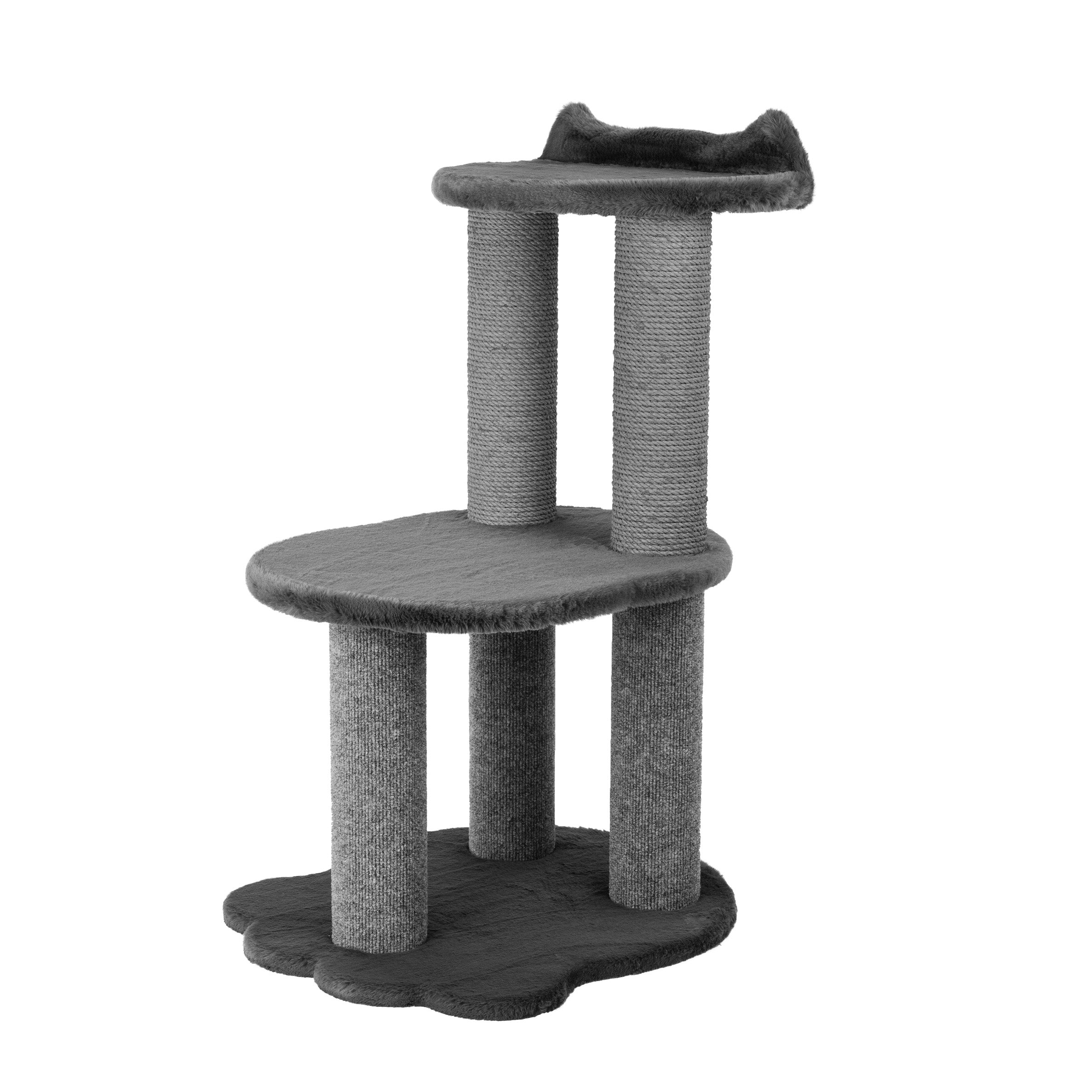 Gray cat tree with multiple levels on a white background