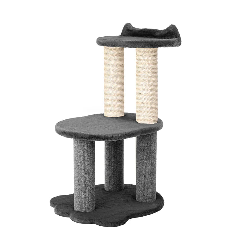 Cat tree with gray platform and beige cylindrical posts on a white background