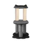 Cat tree with multiple levels and scratching posts on a white background