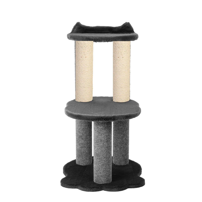 Cat tree with multiple levels and scratching posts on a white background