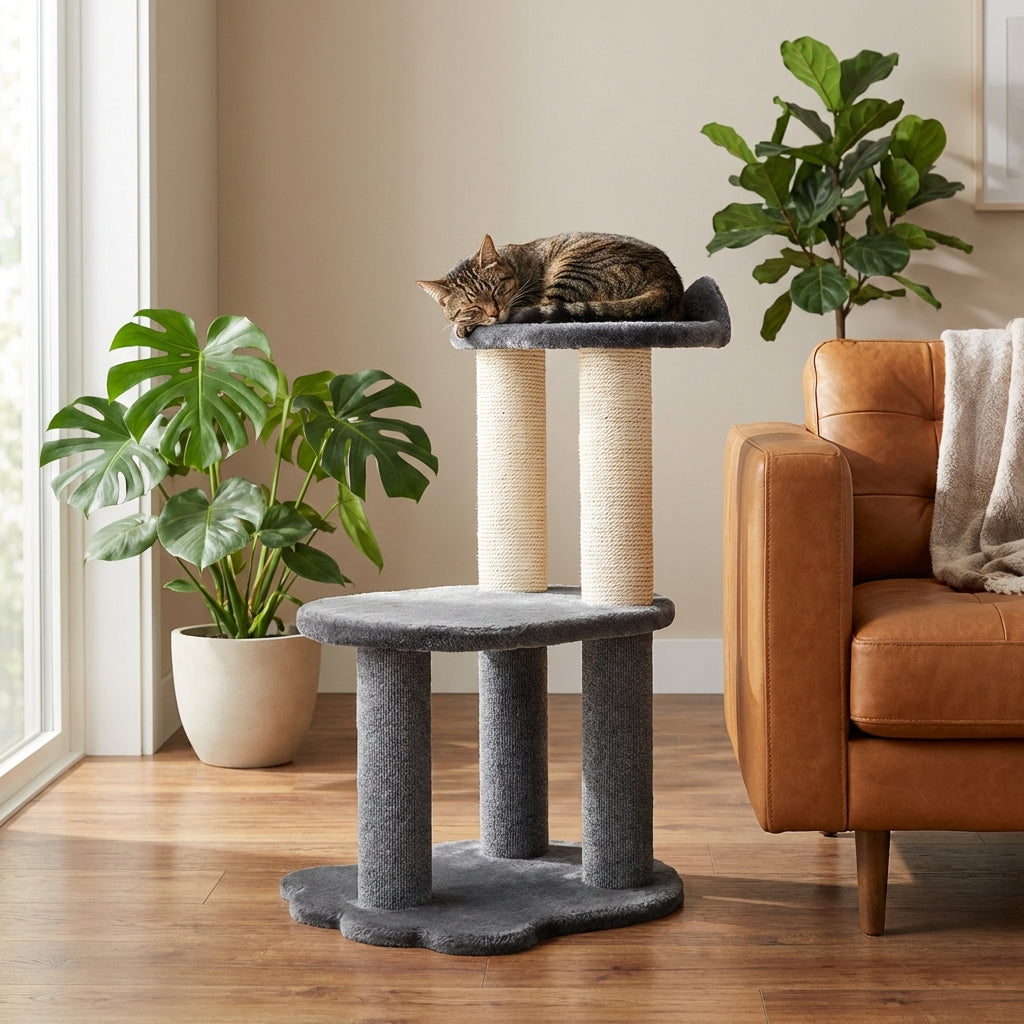 Cat laying on a grey cat tree in a living room