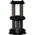 Cat tree with black platforms and gray cylindrical sides on a white background