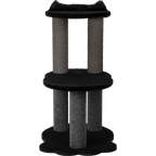 Cat tree with black platforms and gray cylindrical sides on a white background