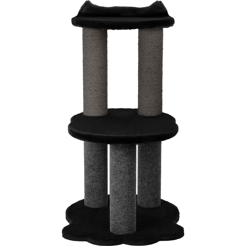 Cat tree with black platforms and gray cylindrical sides on a white background