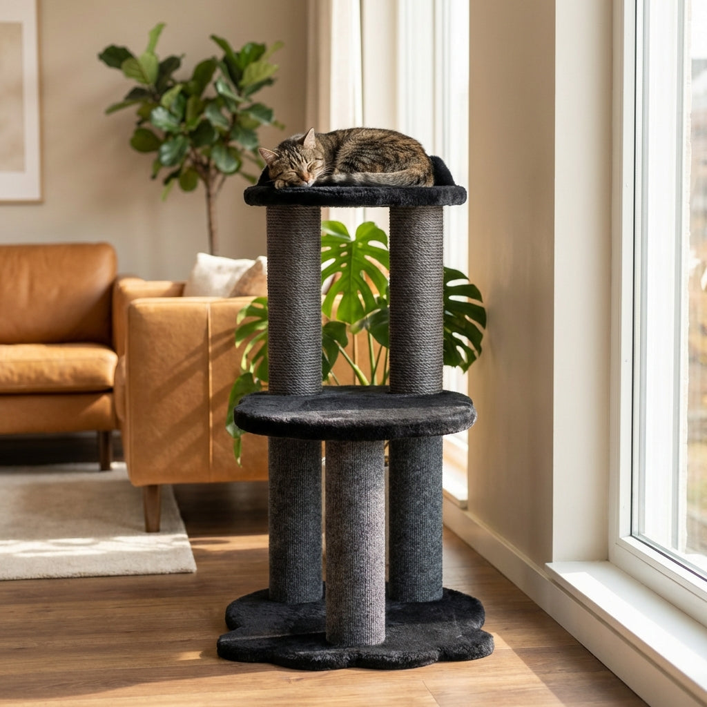 Cat sitting on a multi-level cat tree in a living room with a couch and plants.