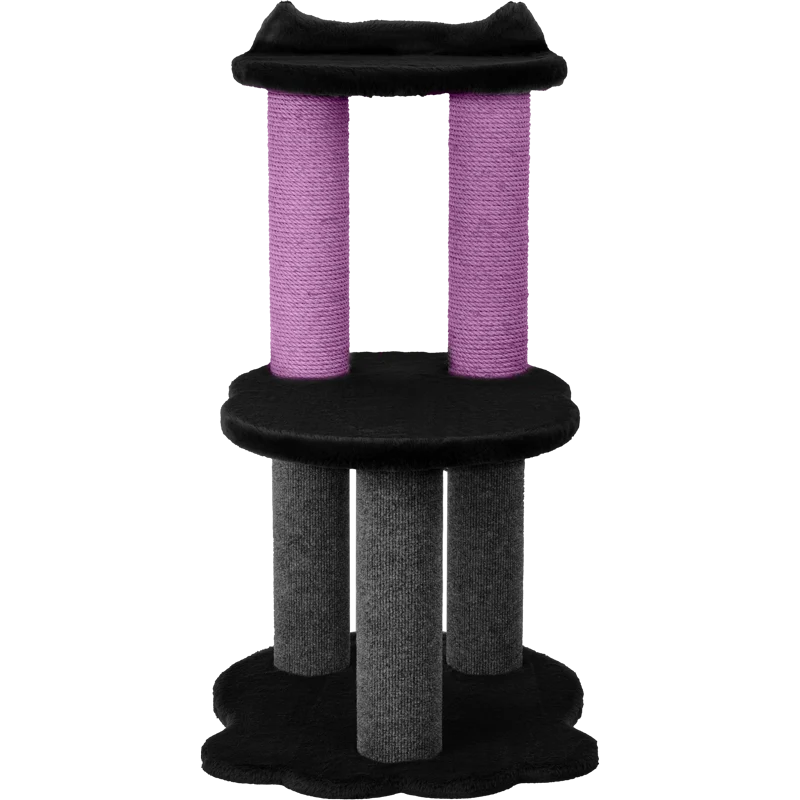 Cat tree with black platforms and purple and gray cylindrical scratchers on a white background