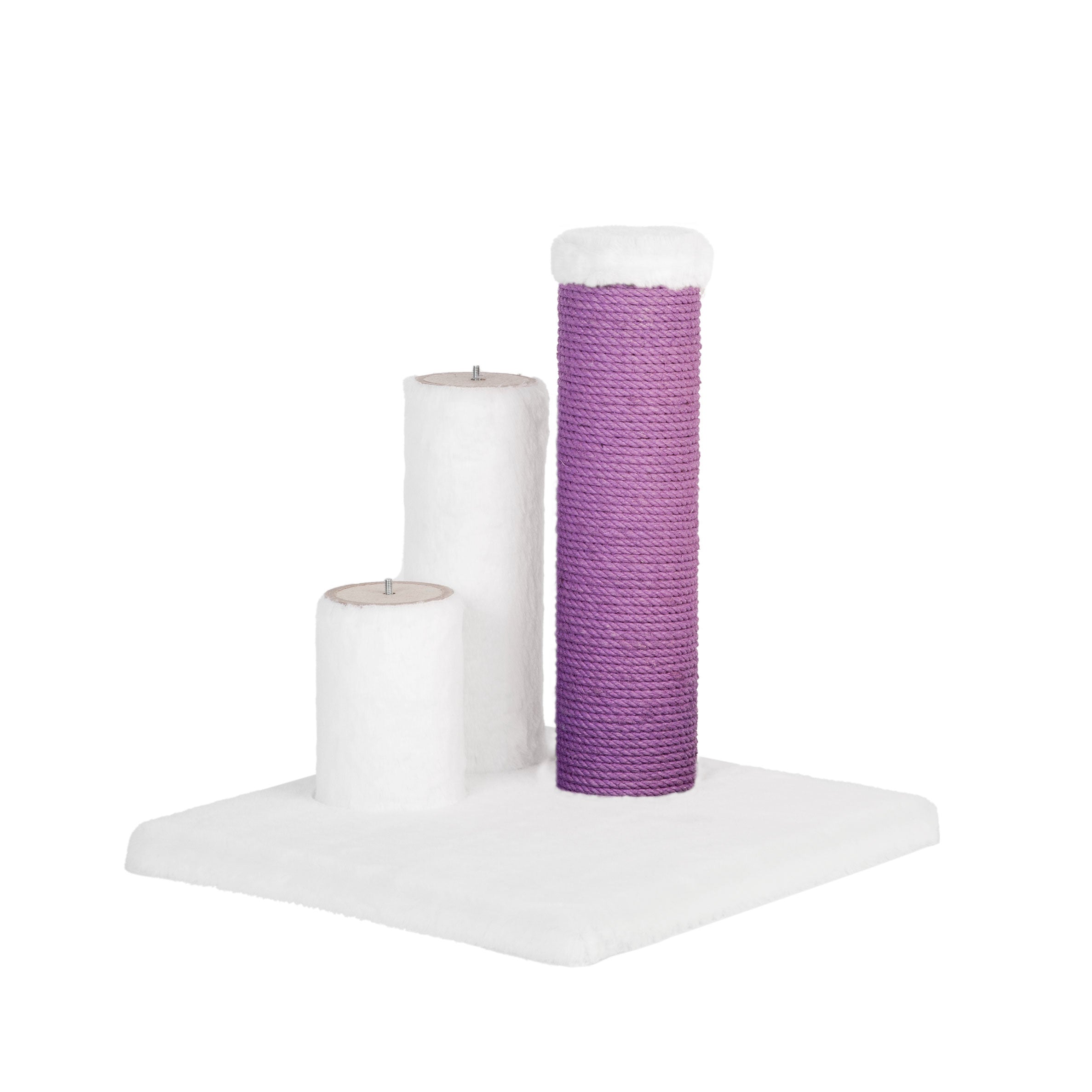Cat scratching post with three cylindrical levels on a white background