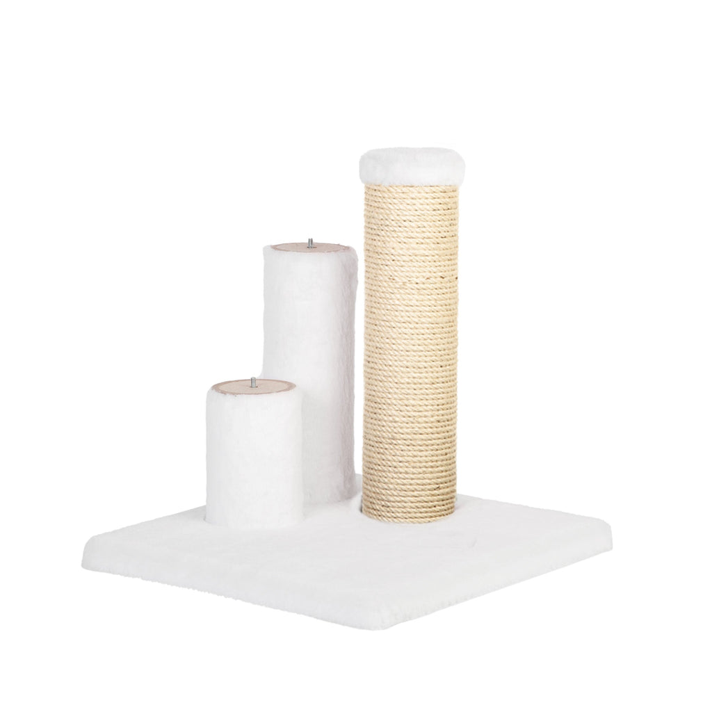 White cat scratching post on a white background