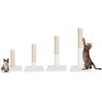 Set of cat scratching posts with two cats interacting with them on a white background