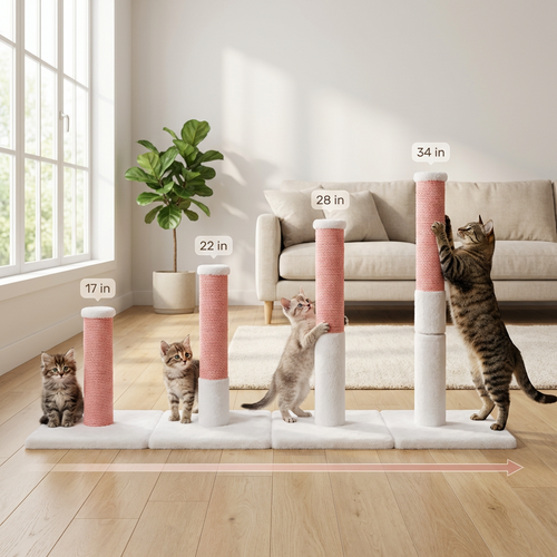 Cat climbing cat scratching post with height indicators in a living room setting