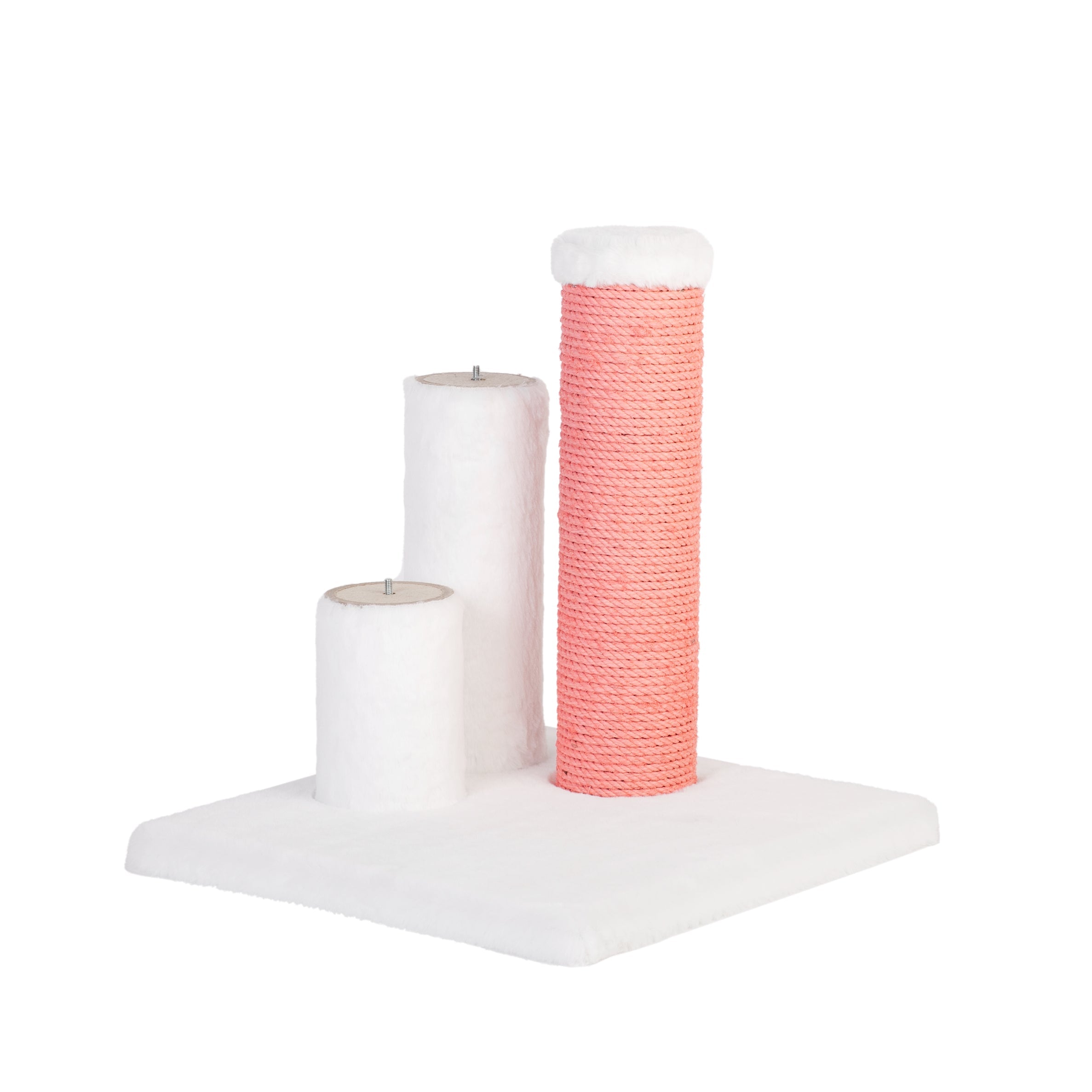 Cat scratching post with white base, pink cylindrical post on a white background