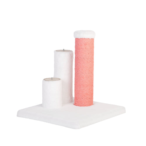 Cat scratching post with white base, pink cylindrical post on a white background