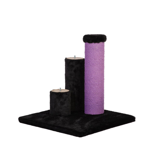 Cat scratching post with a purple rope on a white background