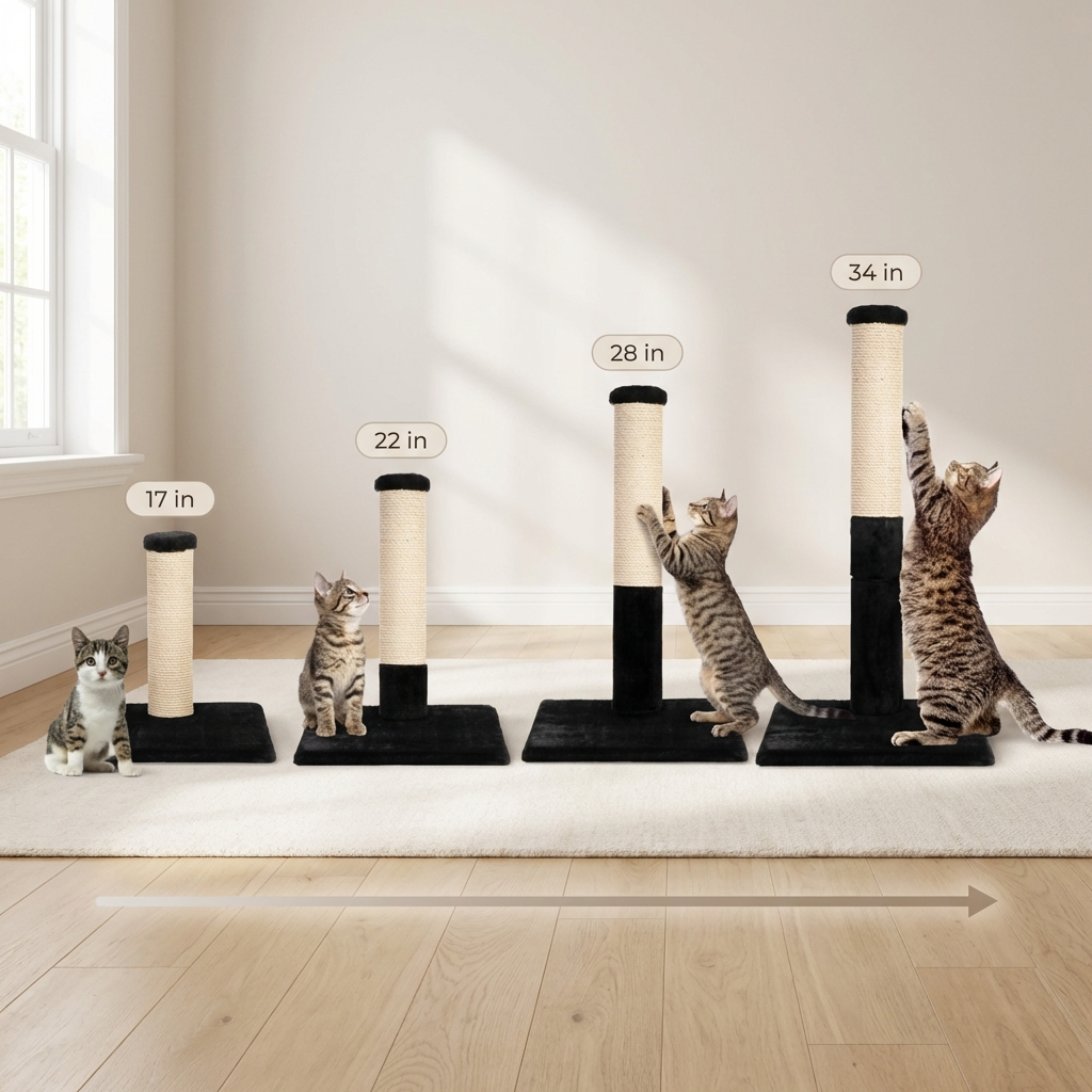Set of cat scratching posts with height indicators in a room with light wood flooring and a window.