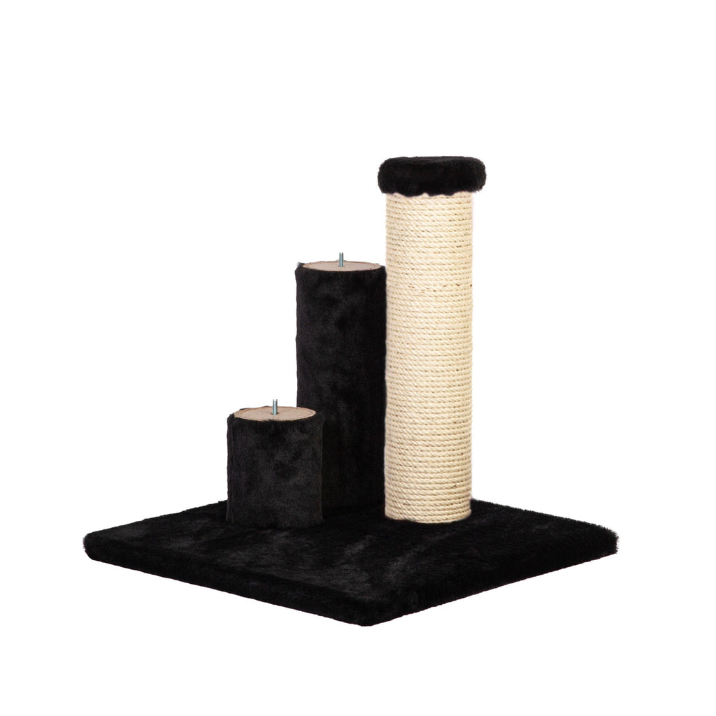 Black cat scratching post and platform on a white background