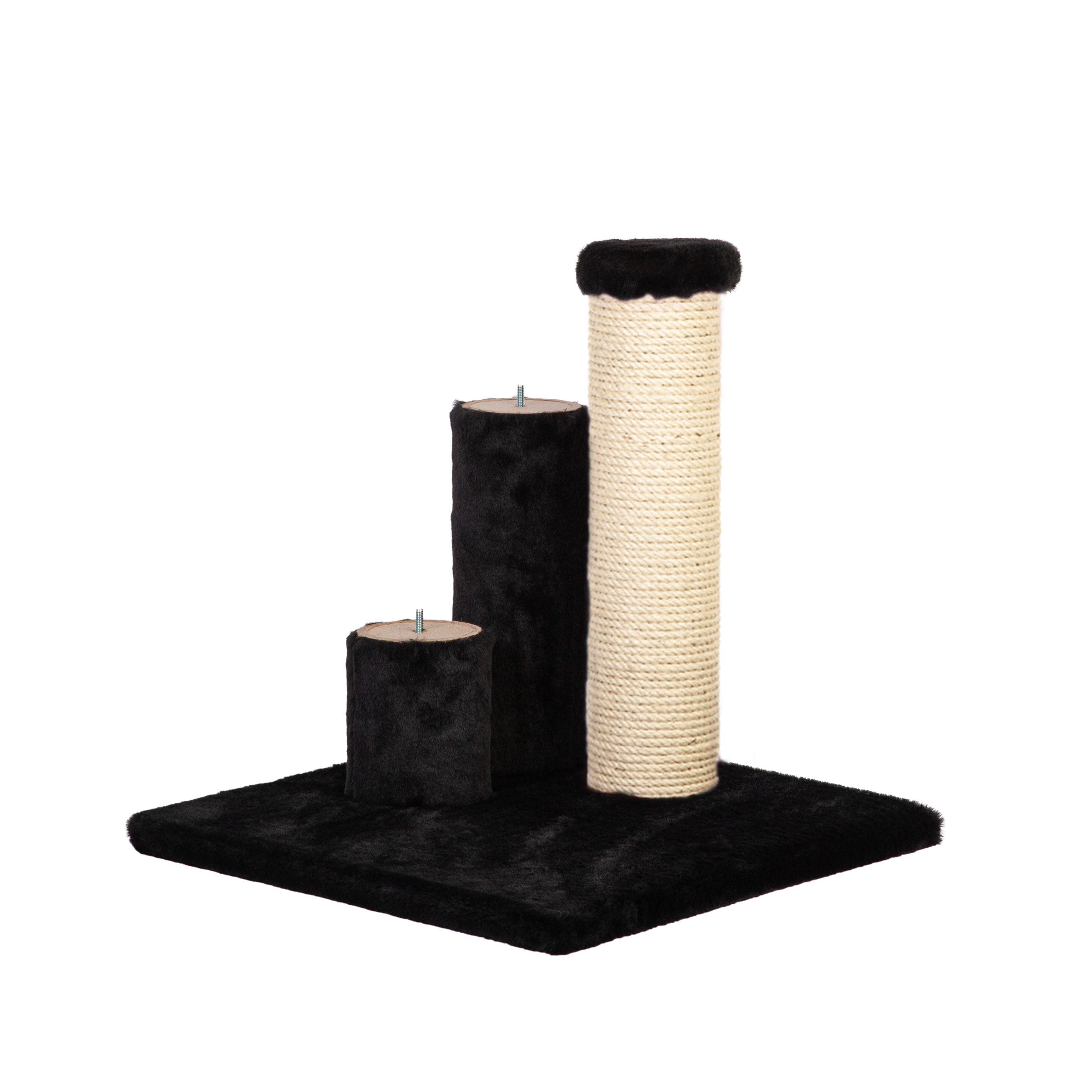 Black cat scratching post and platform on a white background