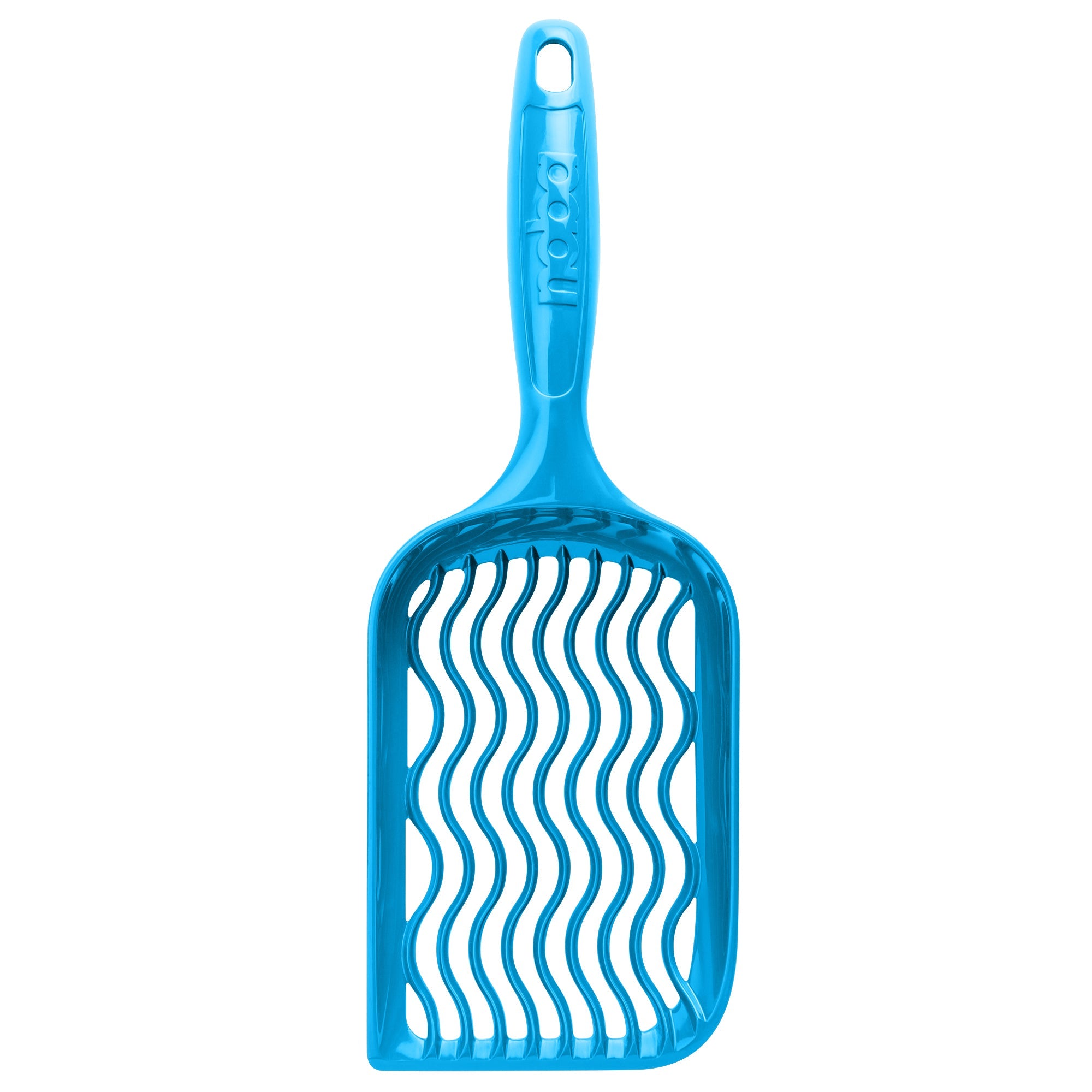 Blue plastic cat litter scoop on a white background