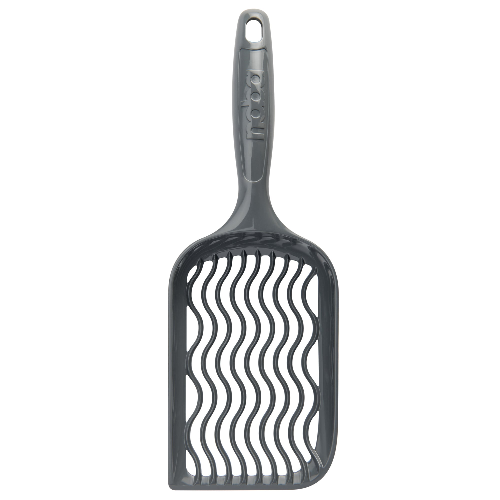 Gray pet scoop with wavy design on a white background