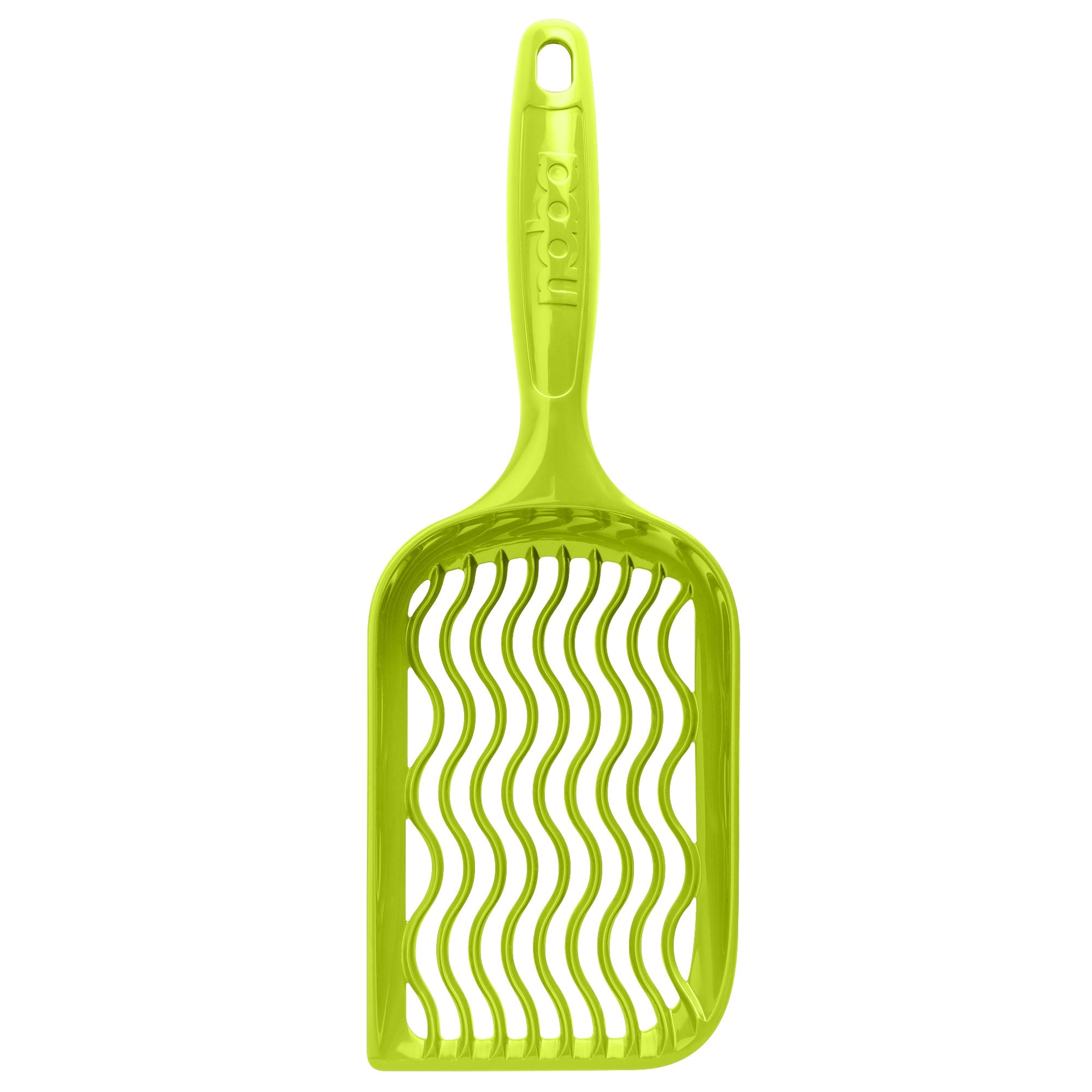 Green plastic scoop with wavy pattern on a white background