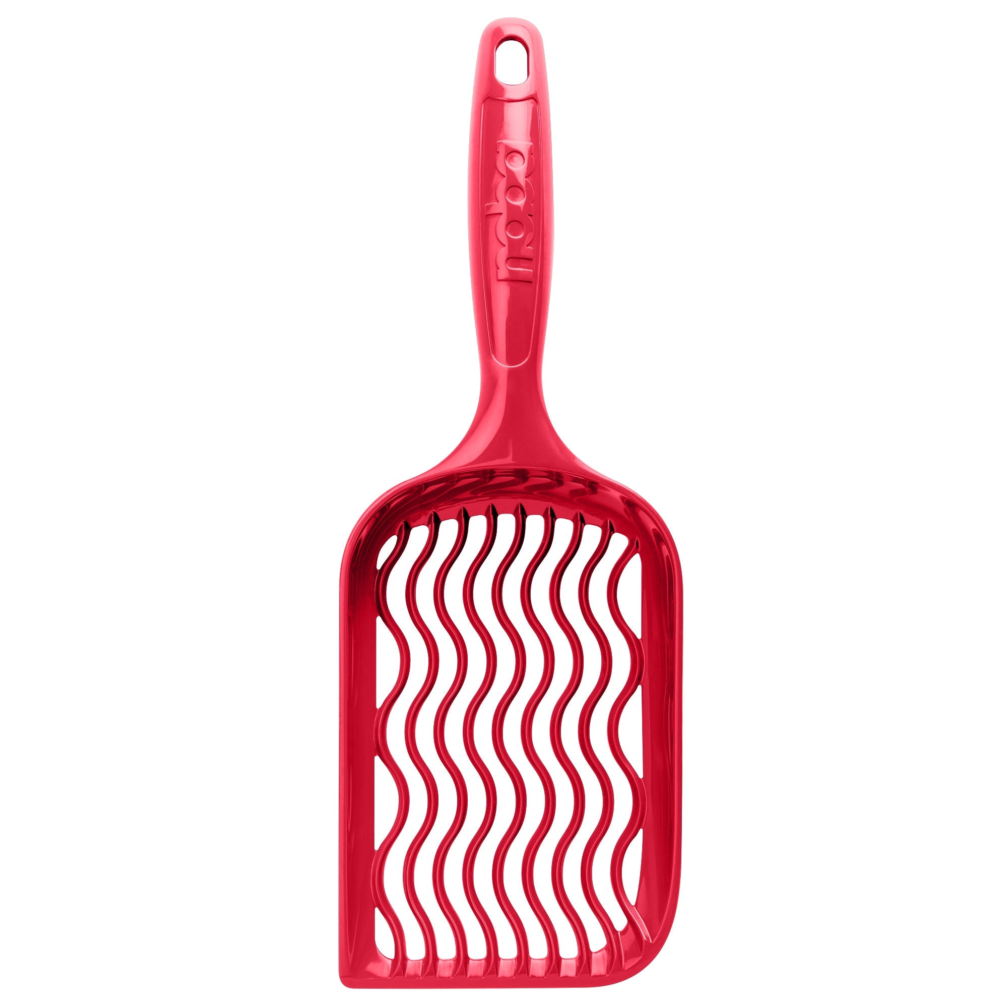 Red pet scoop with wavy design on a white background