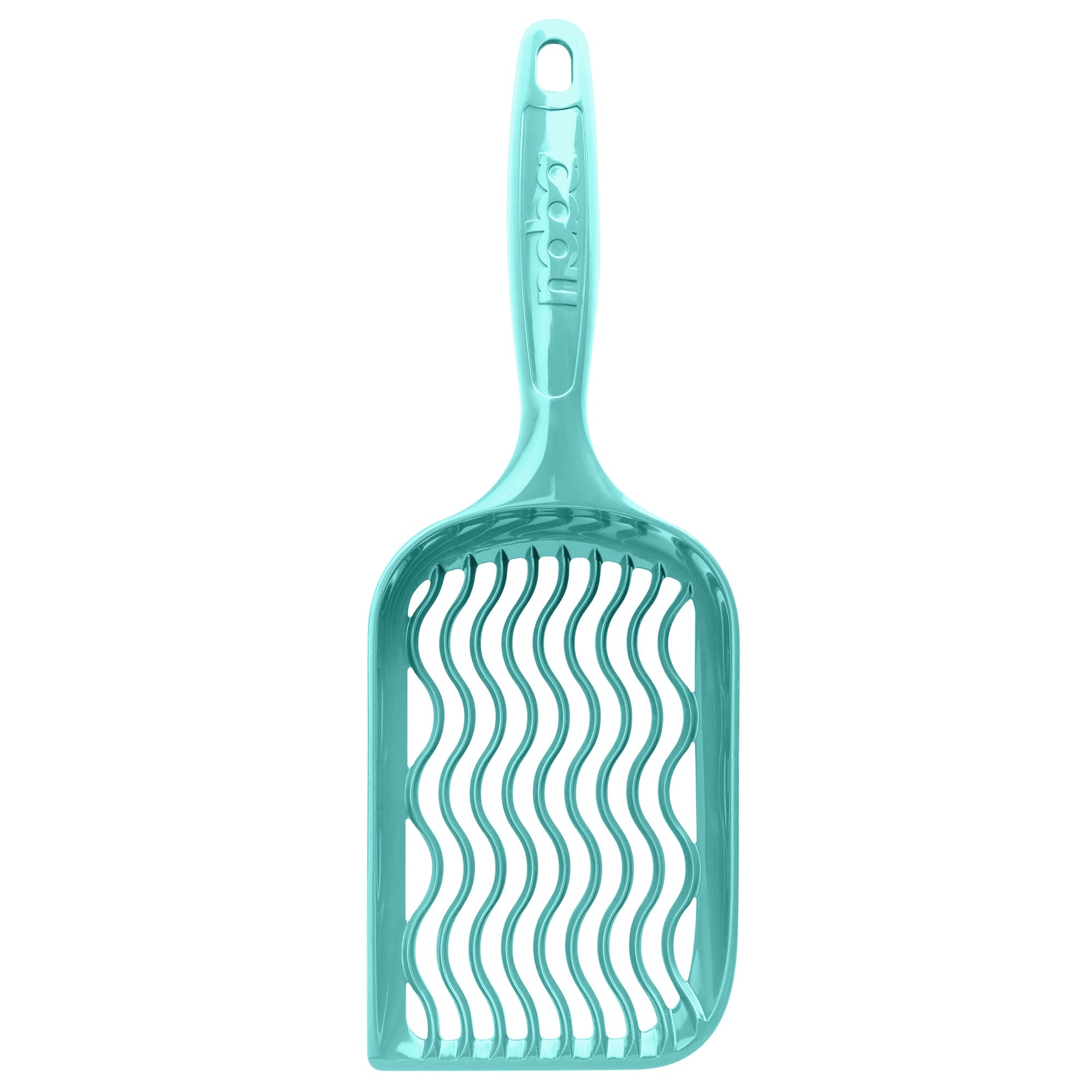 Turquoise cat litter scoop on a white background