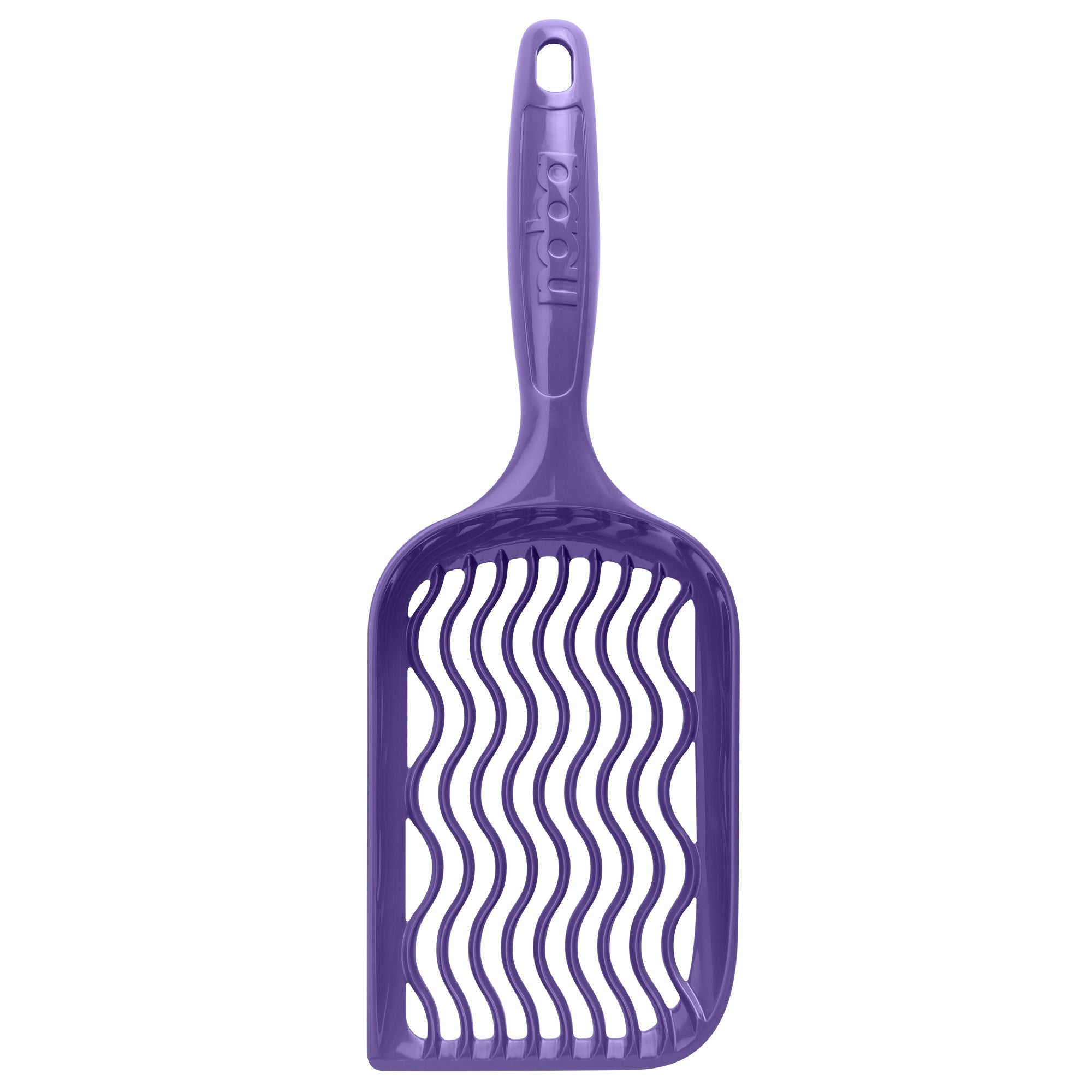 Purple pet scoop with wavy design on a white background