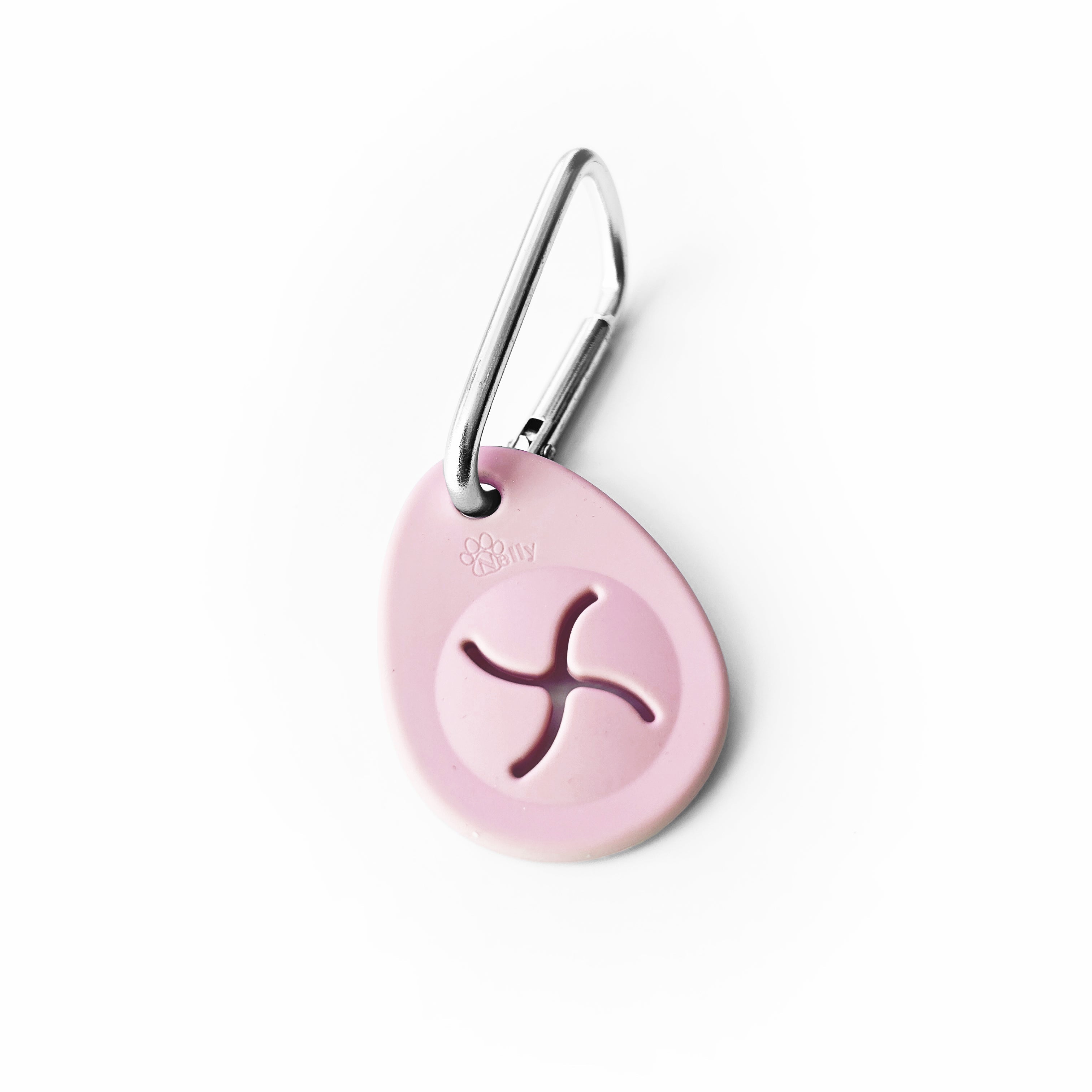Pink oval-shaped poop bag holder on a white background