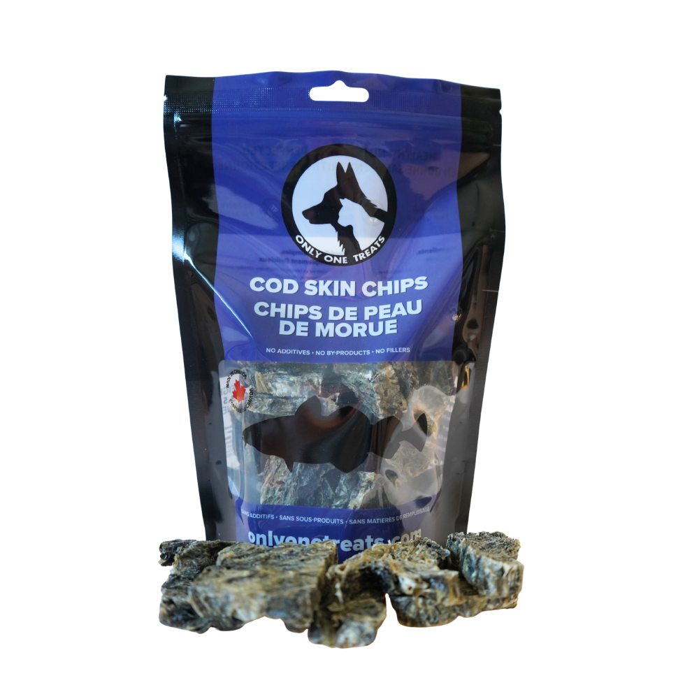 Package of Cod Skin Chips with visible treats on a white background