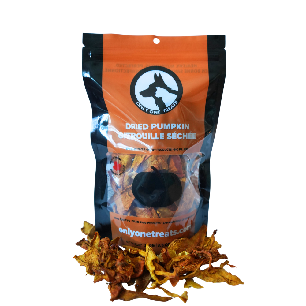Bag of dried pumpkin treats with visible pumpkin pieces on a white background