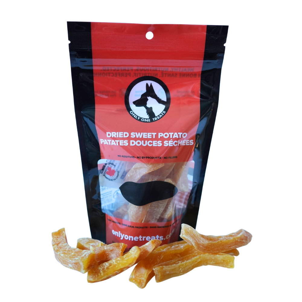 Bag of dried sweet potato treats with visible treats on a white background