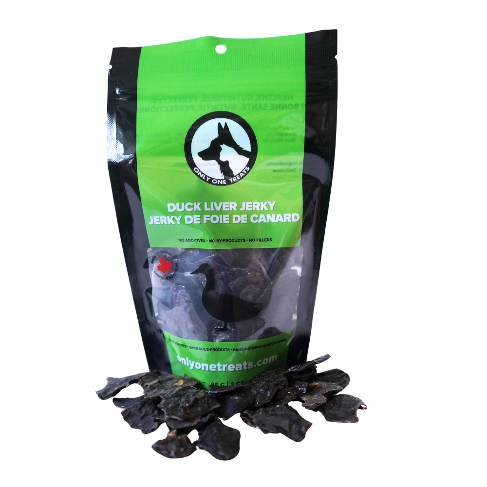 Duck liver jerky package with green label on a white background