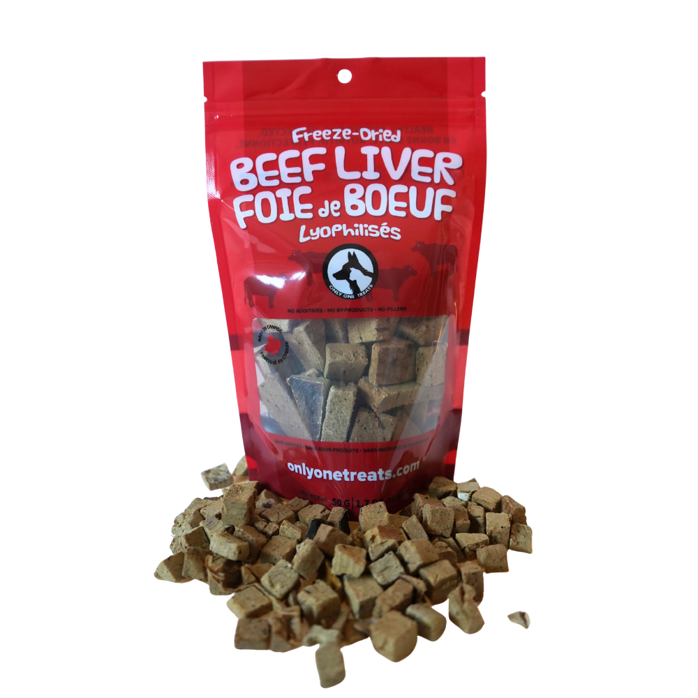 Red bag of freeze-dried beef liver treats with visible contents on a white background