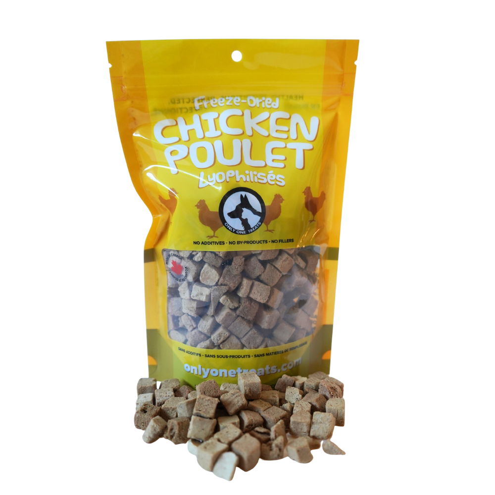 Bag of freeze-dried chicken poullets with product spilling out on a white background