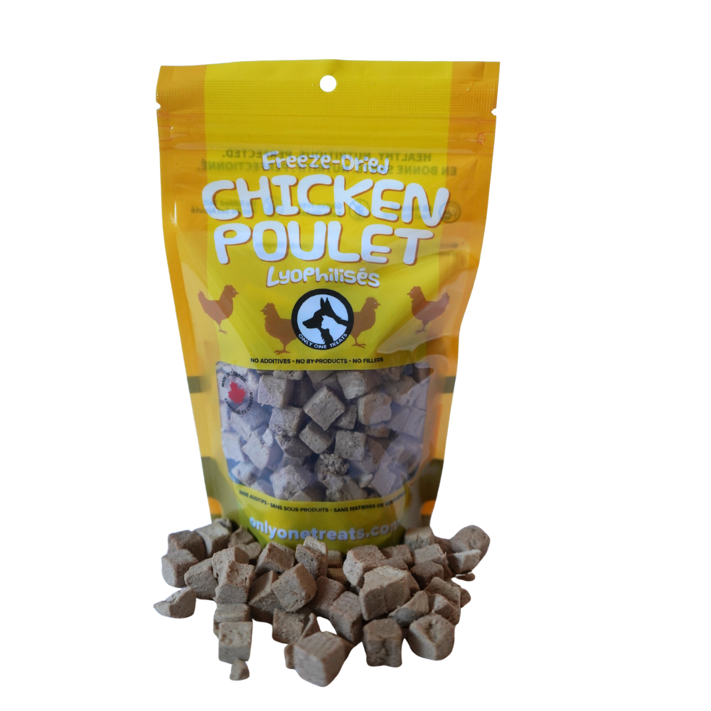 Bag of freeze-dried chicken treats with some treats displayed in front on a white background