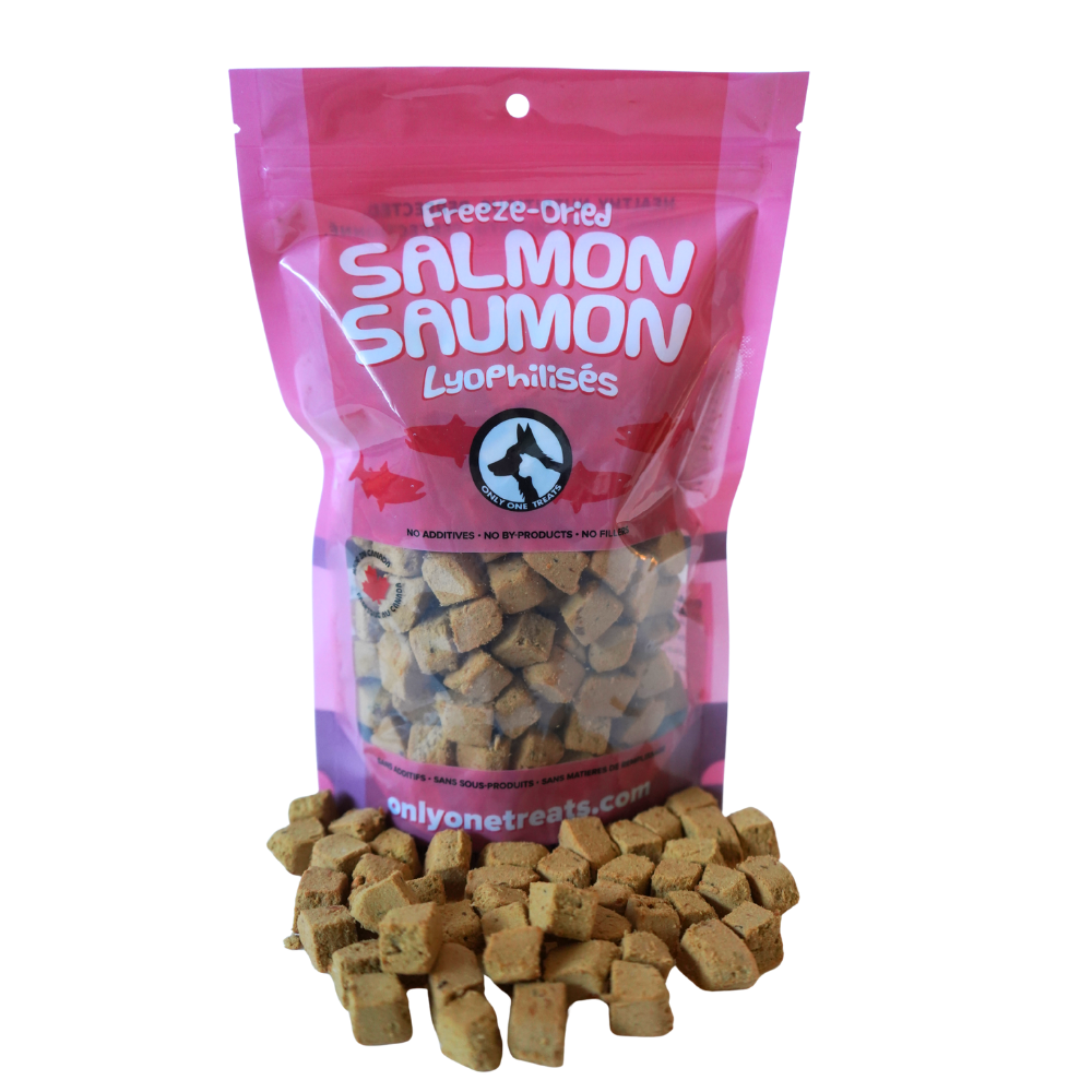 Pink package of freeze-dried salmon treats with visible treats on a white background